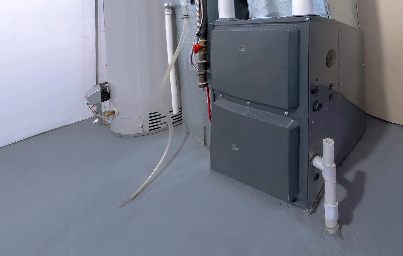Furnace and water heater in a utility room with gray flooring and pipes.